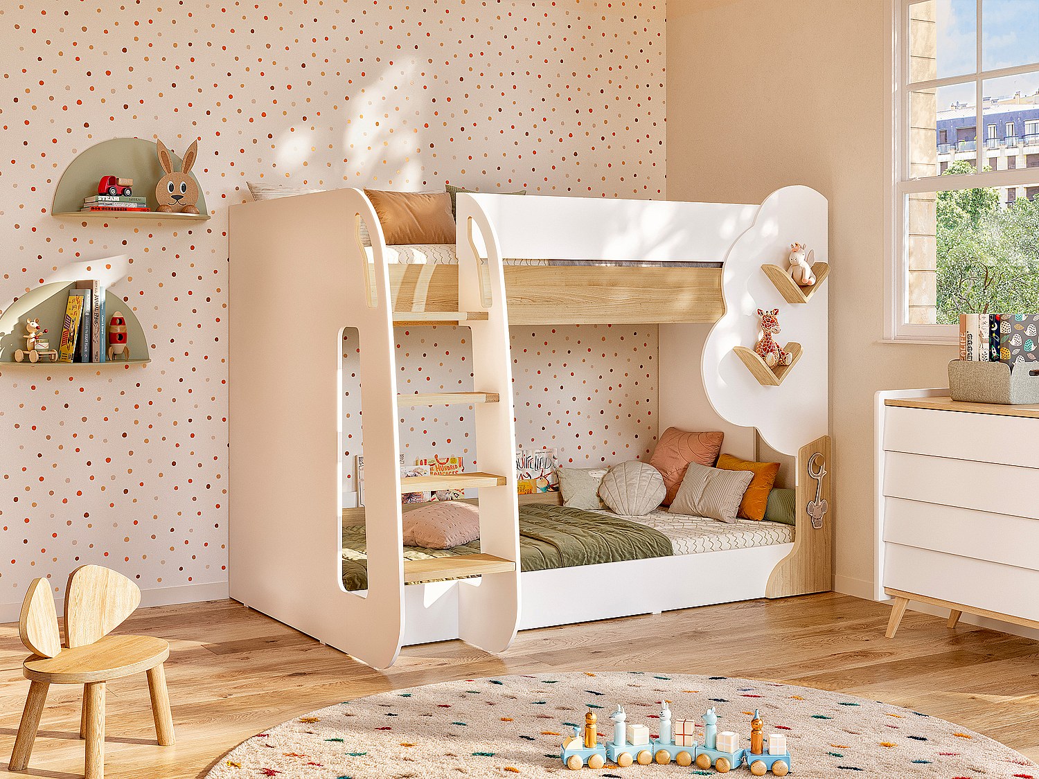 Etagenbett - 2 x 90 x 190 cm - Weiß & Holzfarben + Matratze - PILATI