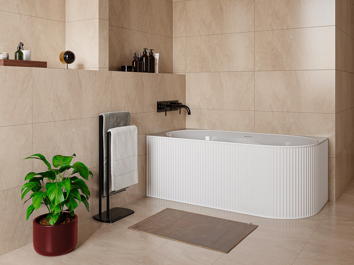 Eckbadewanne geriffelt - 240 L - 170 x 80 x 60 cm - Weiß matt - Acryl - Ecke links - BARBORI