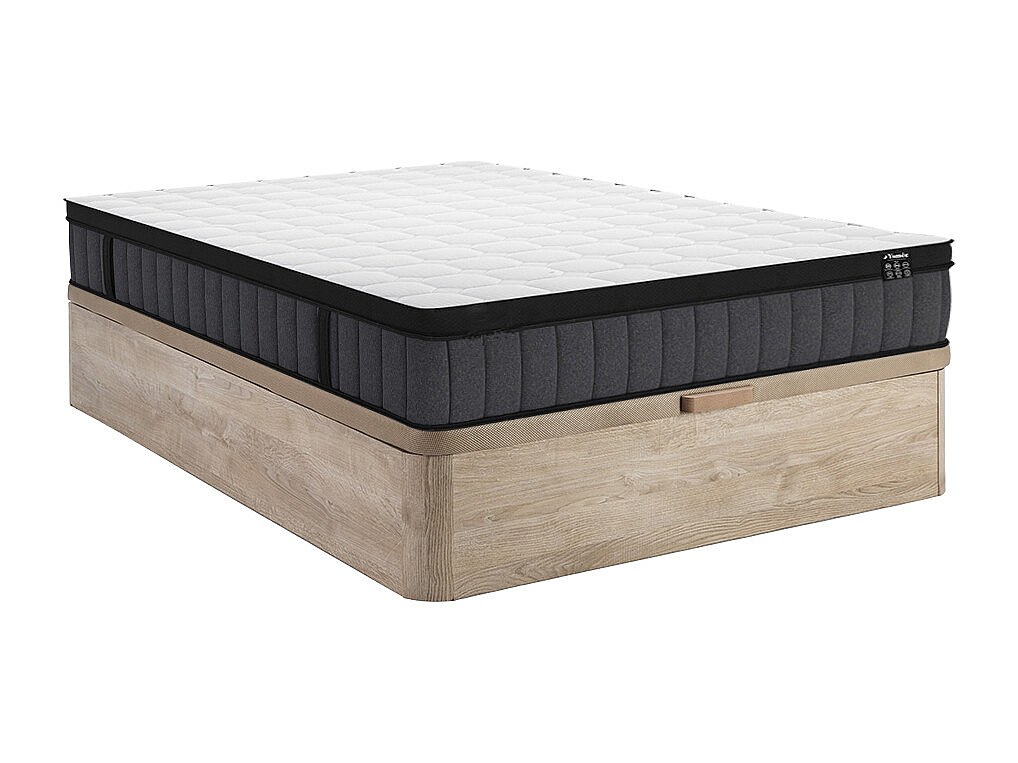 Set aus Bettgestell mit Bettkasten + Matratze - 140 x 190 cm - Hybridmatratze - 7-Zonen-Taschenfederkern & Memory Gel - Stärke 25 cm - Holzfarben hell - TOLCA von YSMÉE