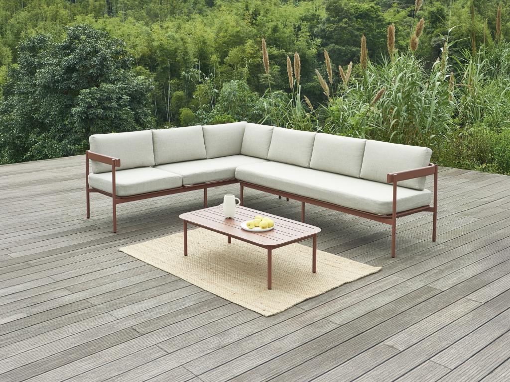 Beliebig kombinierbare Garten-Sitzgruppe aus Aluminium: 1 Ecksofa hochklappbar + 1 Couchtisch - Terracotta & Kissen Beige - LASTON von MYLIA