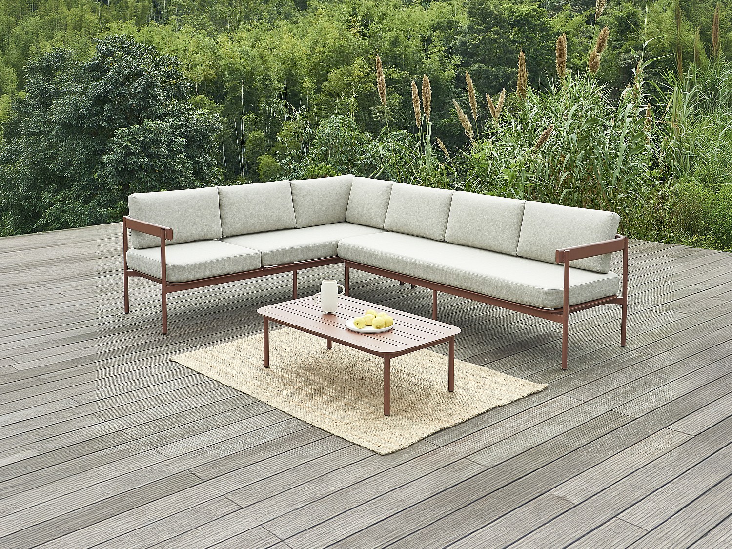 Beliebig kombinierbare Garten-Sitzgruppe aus Aluminium: 1 Ecksofa hochklappbar + 1 Couchtisch - Terracotta & Kissen Beige - LASTON von MYLIA