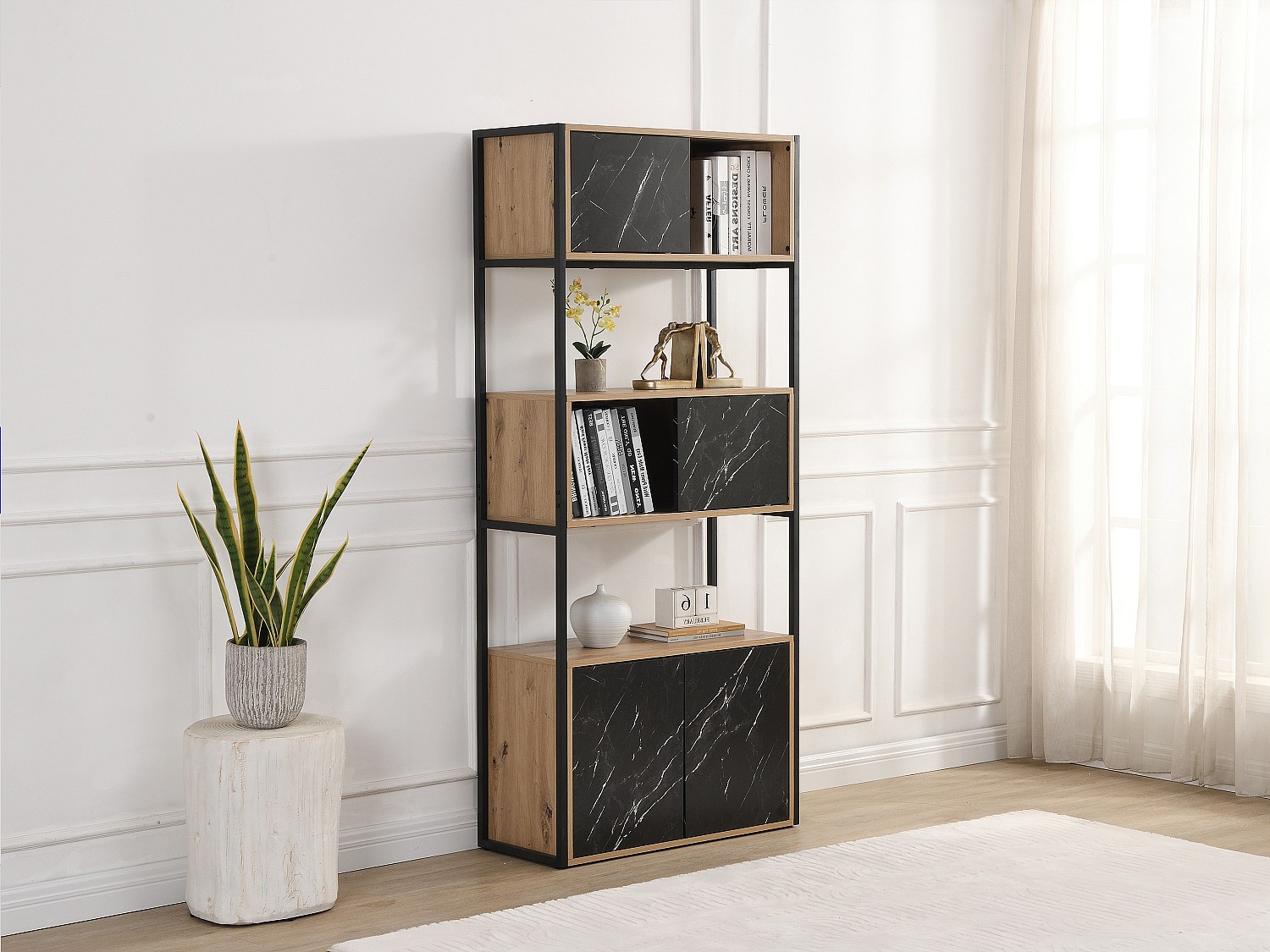 Wohnwand mit 4 Türen & 2 Ablagen - MDF & Stahl - Marmor-Optik Schwarz & Holzfarben - YELANIA