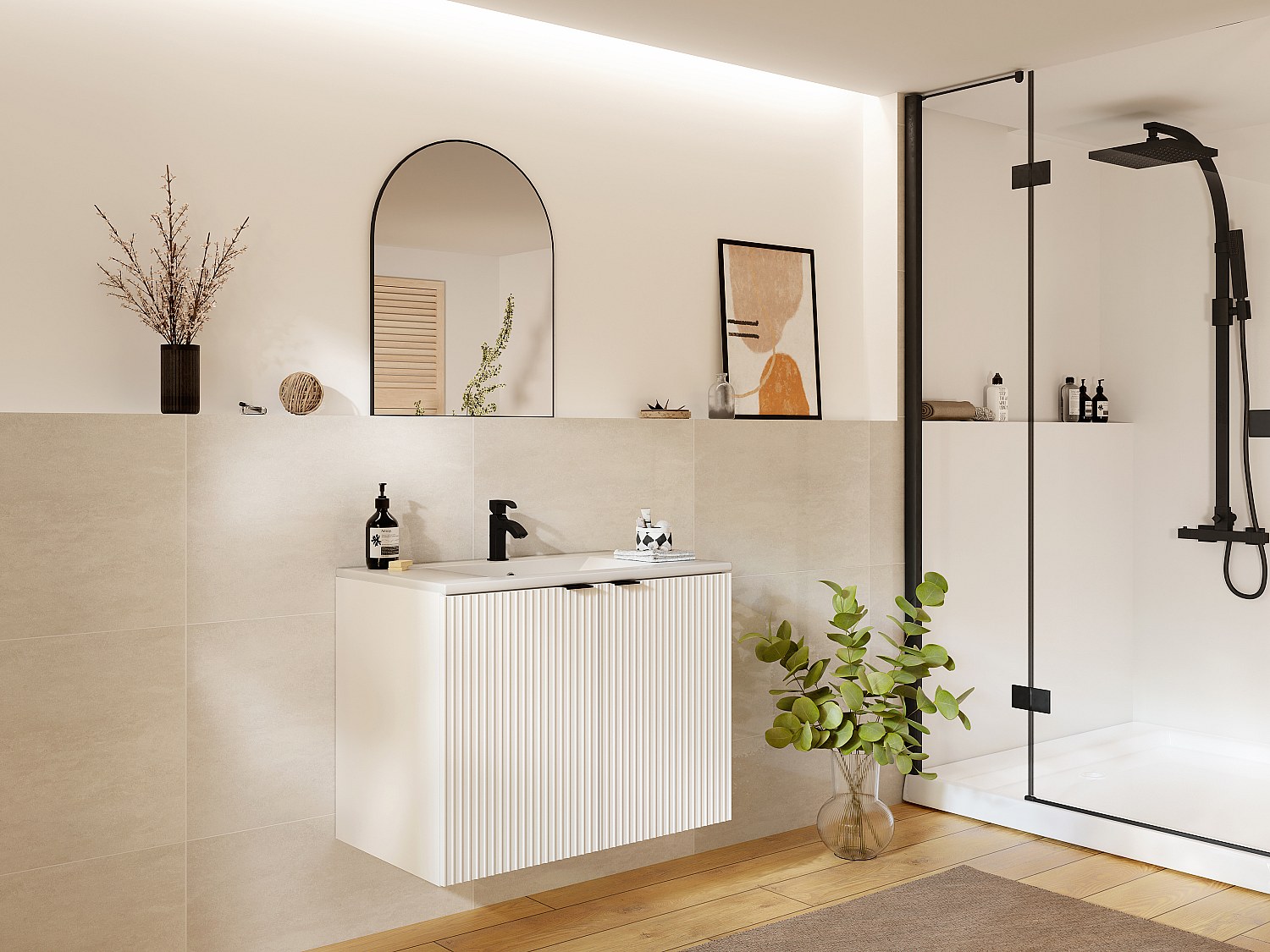 Waschbeckenunterschrank hängend mit Einbauwaschbecken - Streifenoptik - Weiß - 80 cm - PARMIZA