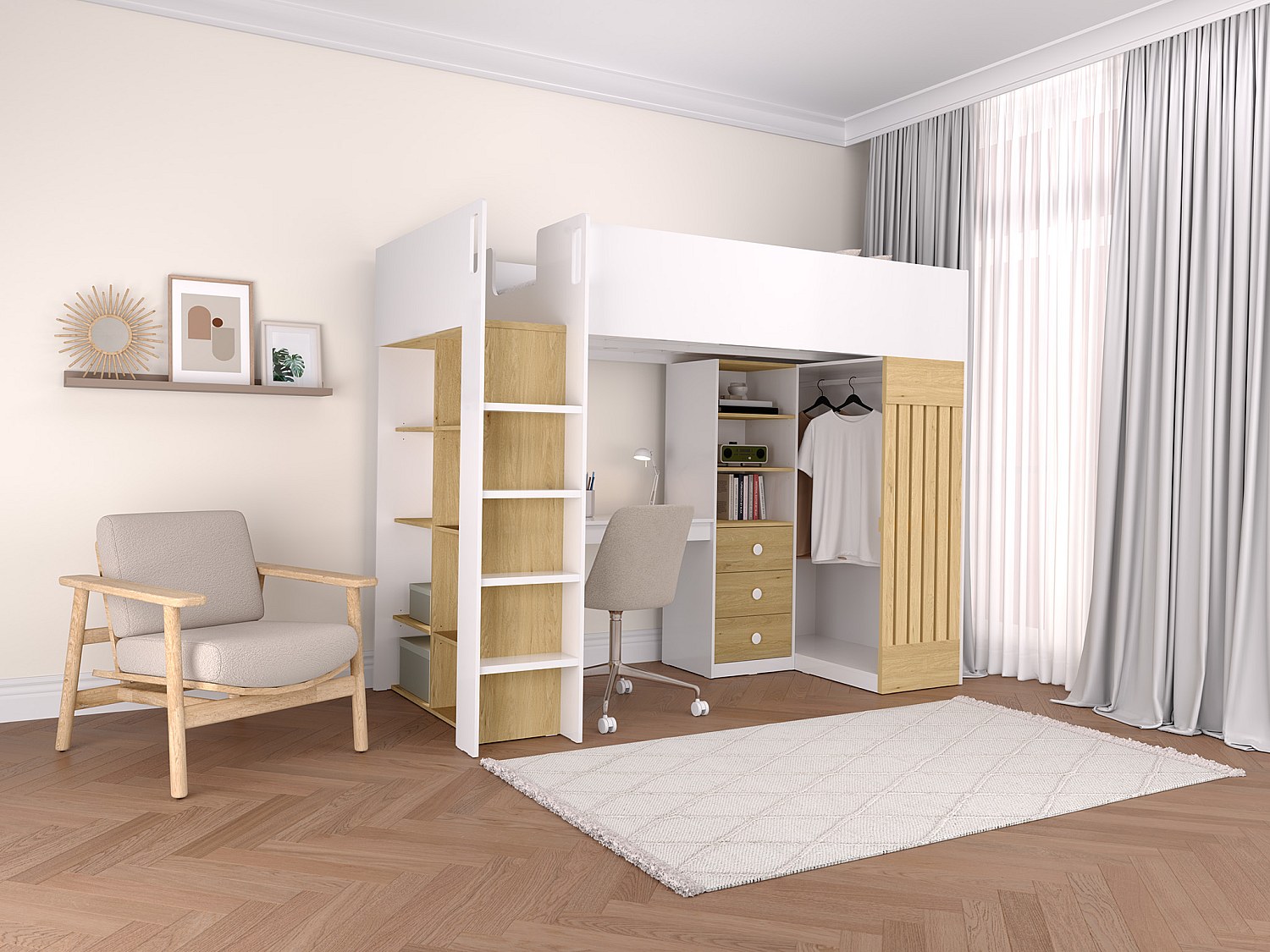 Hochbett mit Schreibtisch & Kleiderstange - 90 x 190 cm - Weiß & Holzfarben - LORINTI