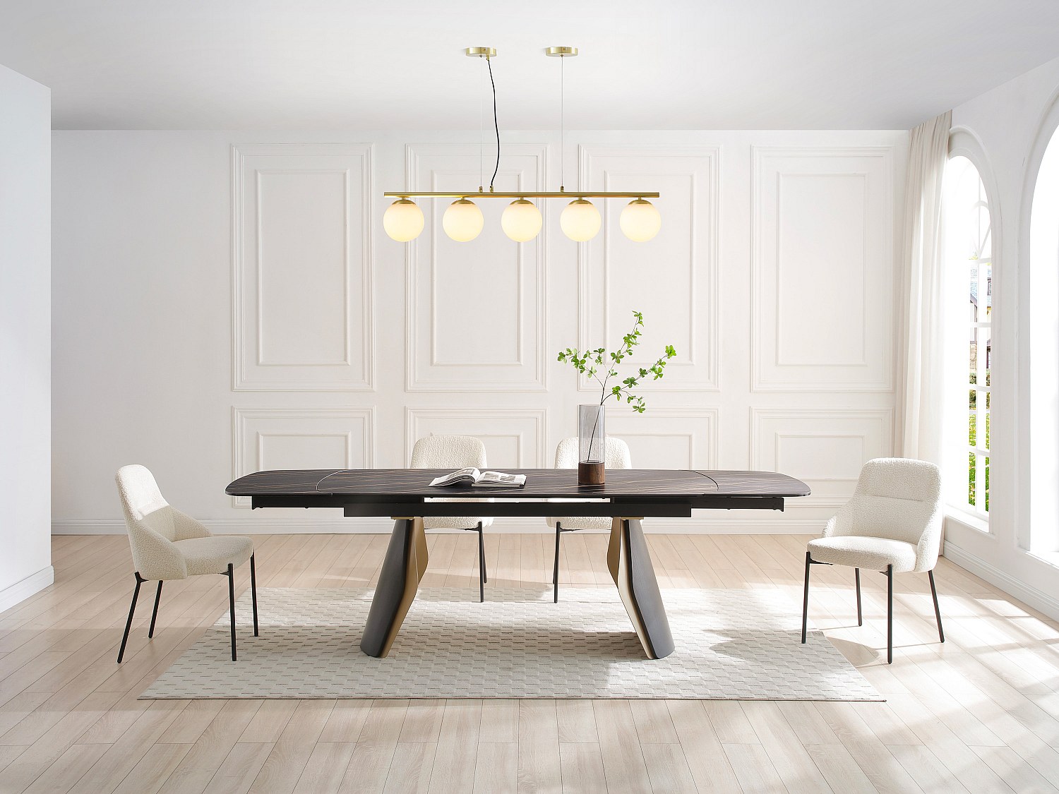 Kronleuchter aus Metall und weißem Glas - 5 Kugeln - L. 100 x H. 120 cm - Goldfarben - SOFIA