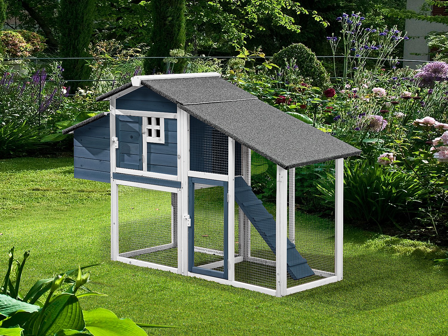 Hühnerstall aus Holz mit Freilaufgehege - für 4 Hühner - 173 x 64 x 108 cm - Blau & Weiß - LEVAS