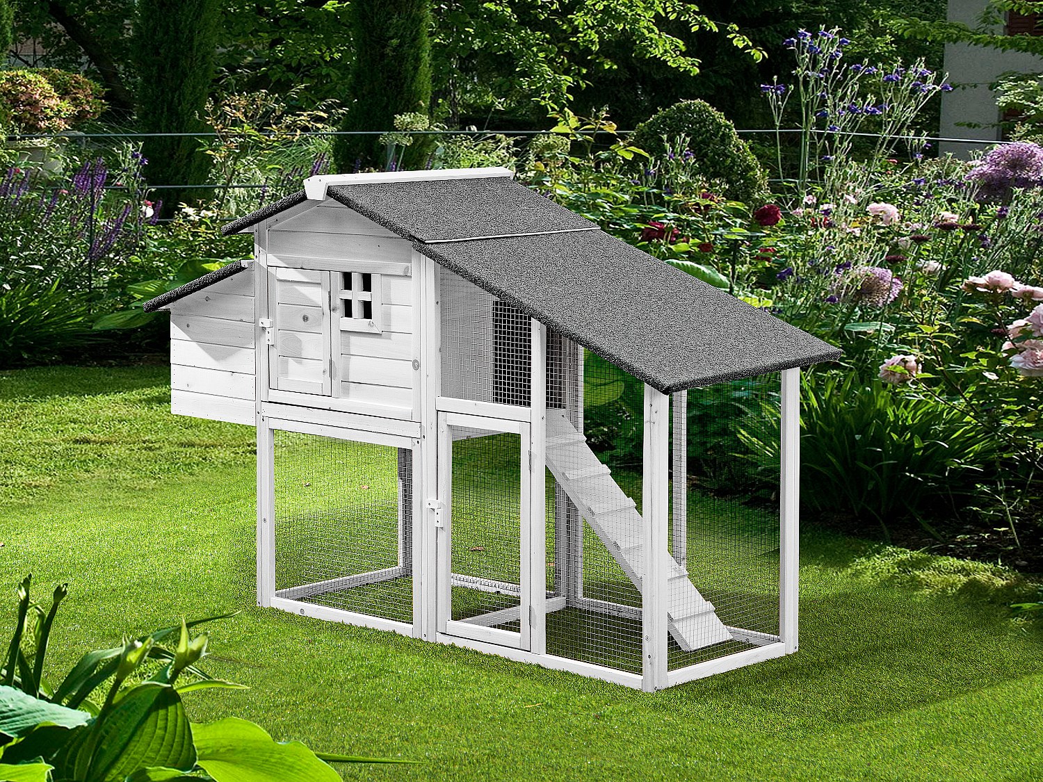 Hühnerstall aus Holz mit Freilaufgehege - für 4 Hühner - 173 x 64 x 108 cm - Weiß - LEVAS