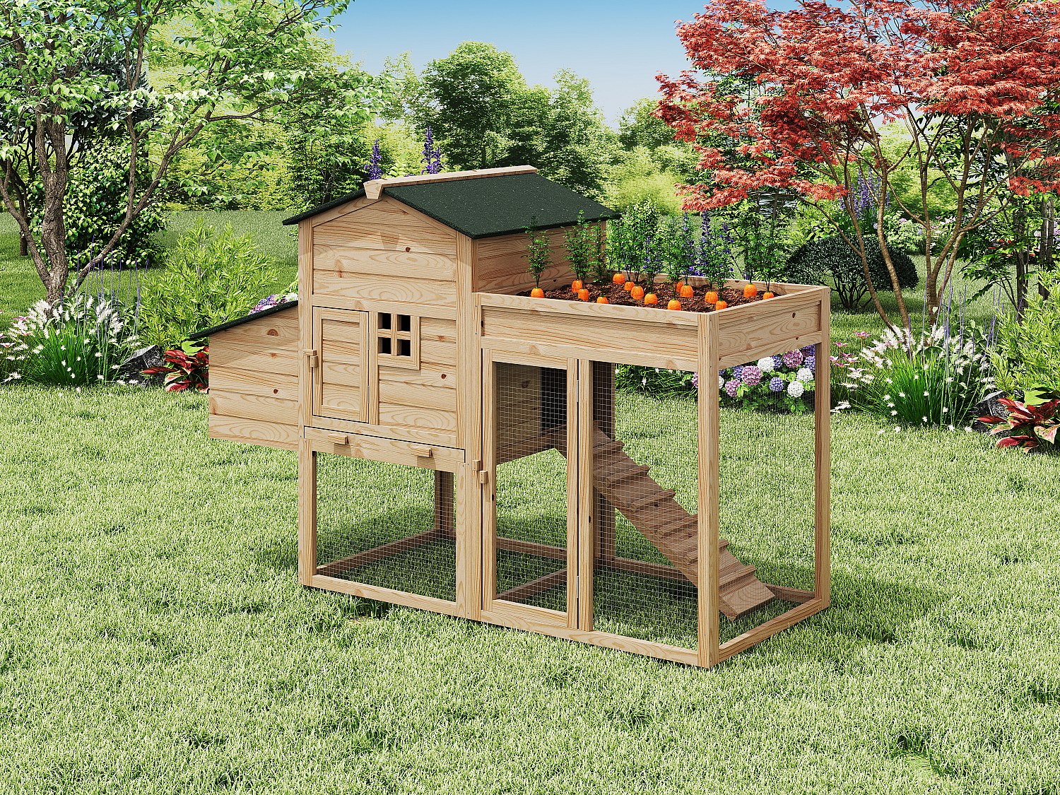 Hühnerstall aus Holz mit Freilaufgehege & Garten - für 4 Hühner - 168 x 64 x 109 cm - Holzfarben - CAMPORA