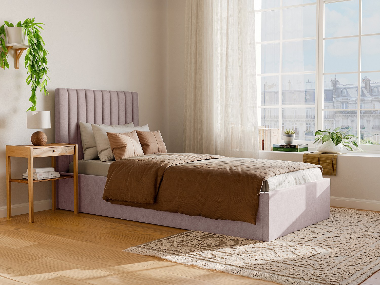 Bett mit Bett mit Bettkasten - 90 x 190 cm mit Kopfteil mit vertikalen Ziernähten + Matratze - Stoff - Rosa - SARAH