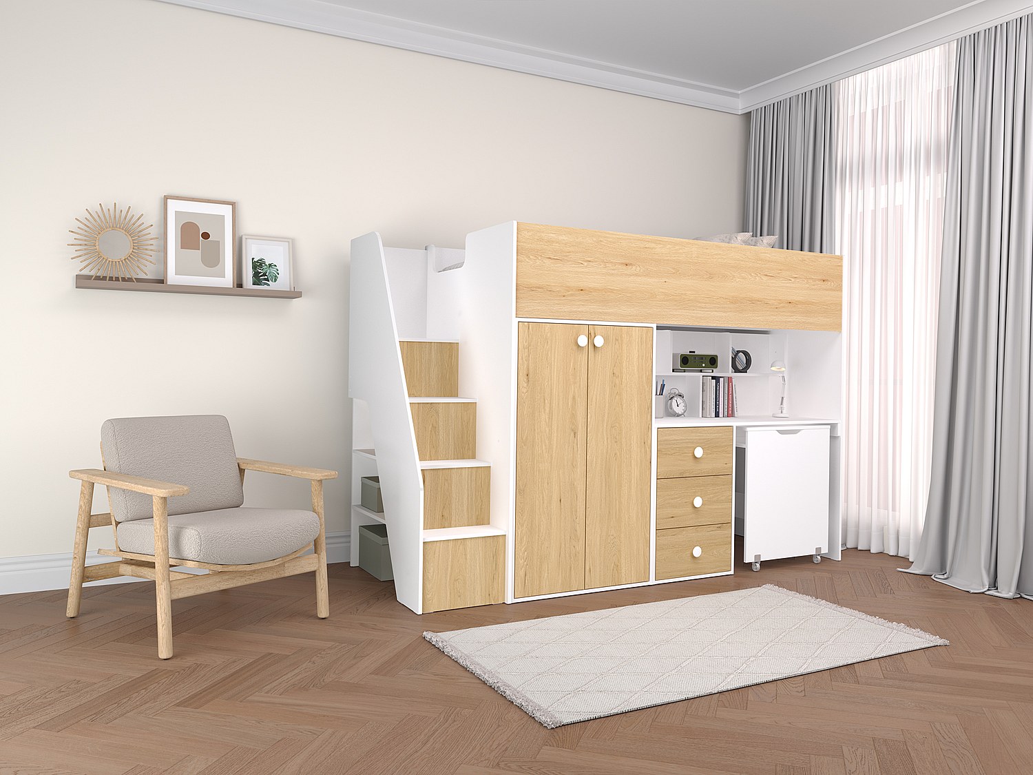 Hochbett mit Kleiderschrank & Schreibtisch + Matratze - 90 x 190 cm - Weiß & Holzfarben - LANILATO