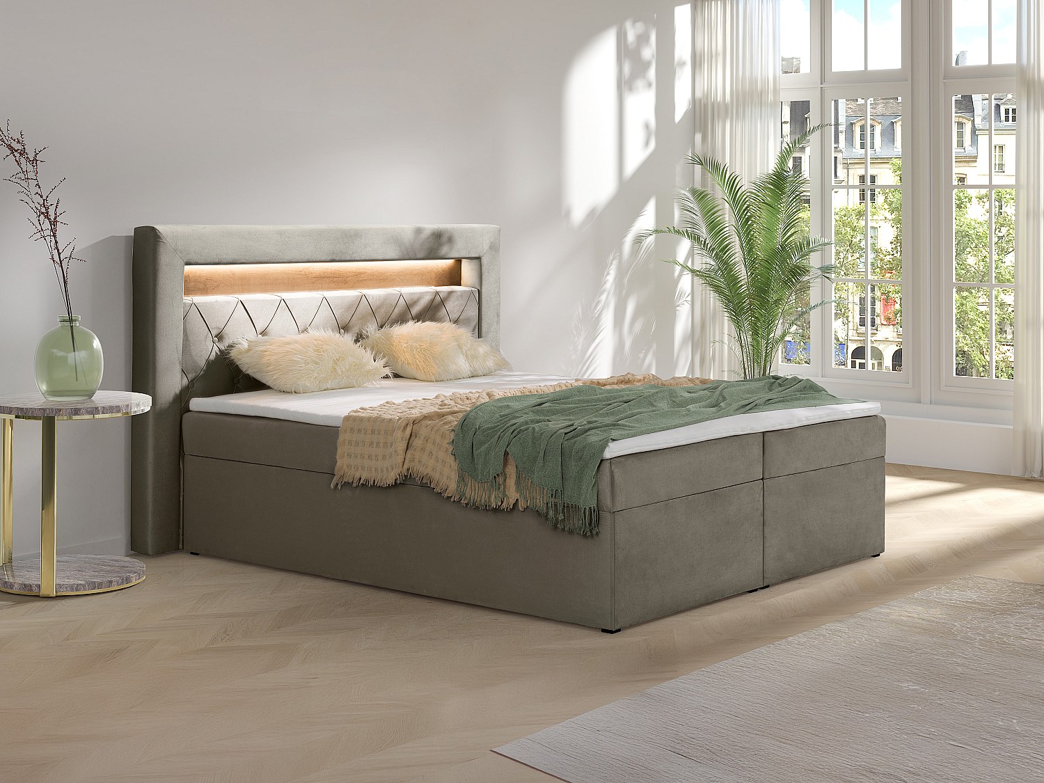 Deko-Komplett-Set mit Bett-Kopfteil mit LED-Beleuchtung + Bettgestell mit Bettkasten + Matratze + Topper - 160 x 200 cm - Samt - Taupe - ORANA von YSMÉE