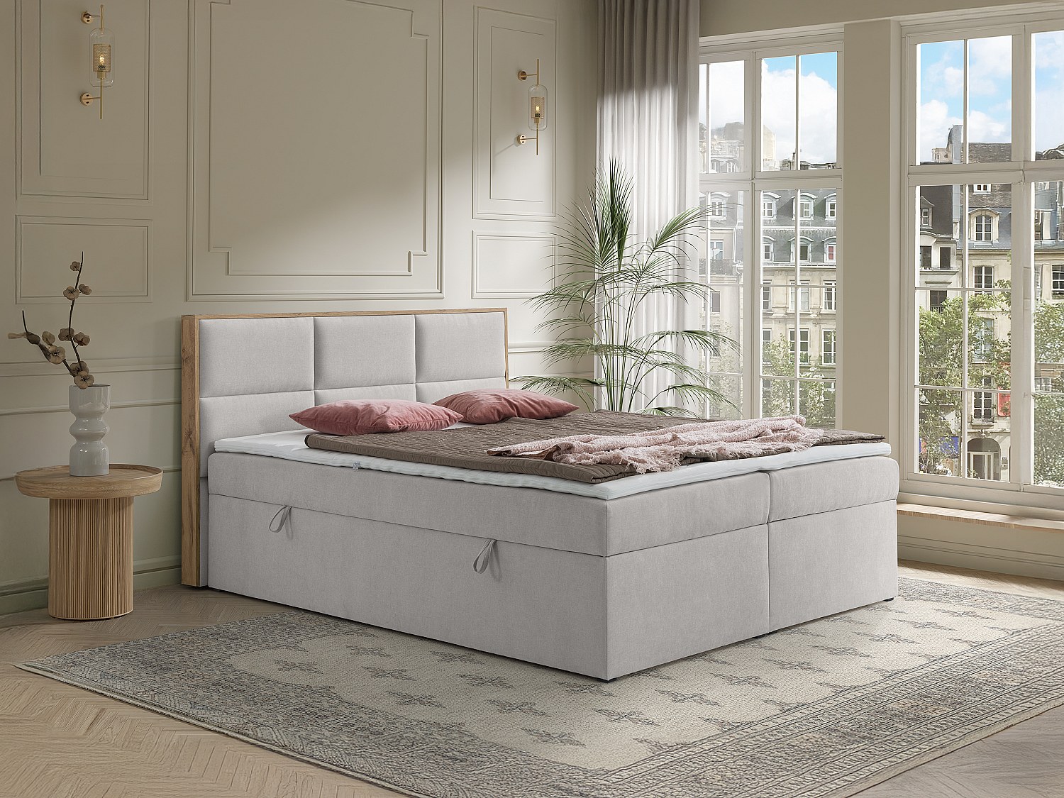 Deko-Komplett-Set mit Kopfteil mit Holzrahmen + Bettgestell mit Bettkasten + Matratze + Topper - 160 x 200 cm - Stoff - Hellgrau - SIAKI von YSMÉE