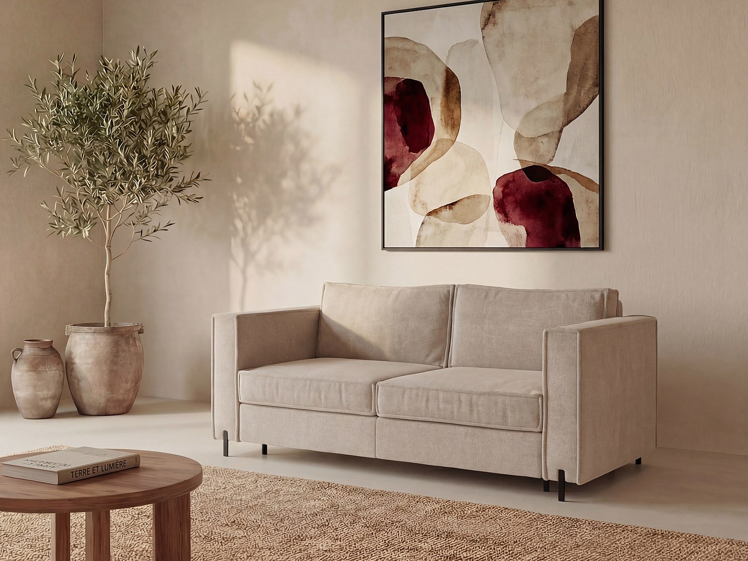 Schlafsofa mit Matratze 3-Sitzer - Strukturstoff - Beige - Liegefläche 140 cm - Matratze 14 cm - ELORYA