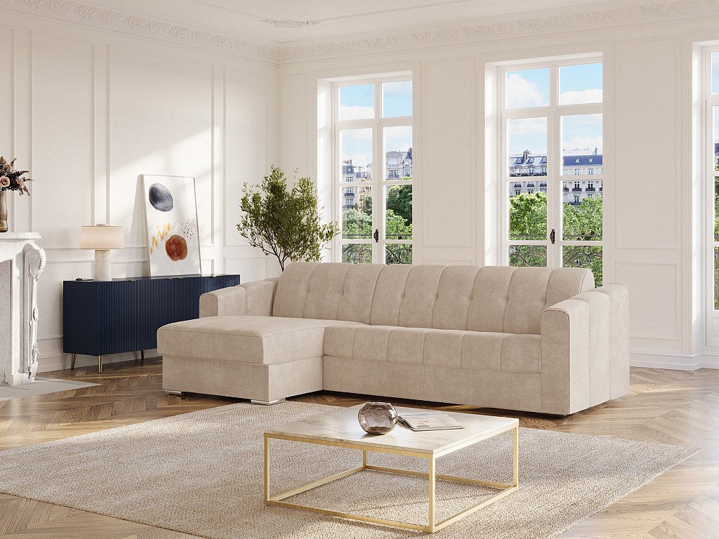 Eckschlafsofa mit Matratze - Ecke wechselbar - Strukturstoff - Beige - Liegefläche 140 cm - Matratze 14 cm - DARIELO
