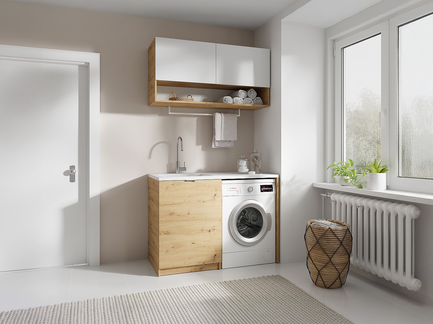 Waschküchenmöbel für Waschmaschine mit Arbeitsplatte - 122 cm - Weiß & Holzfarben hell - NATAJI