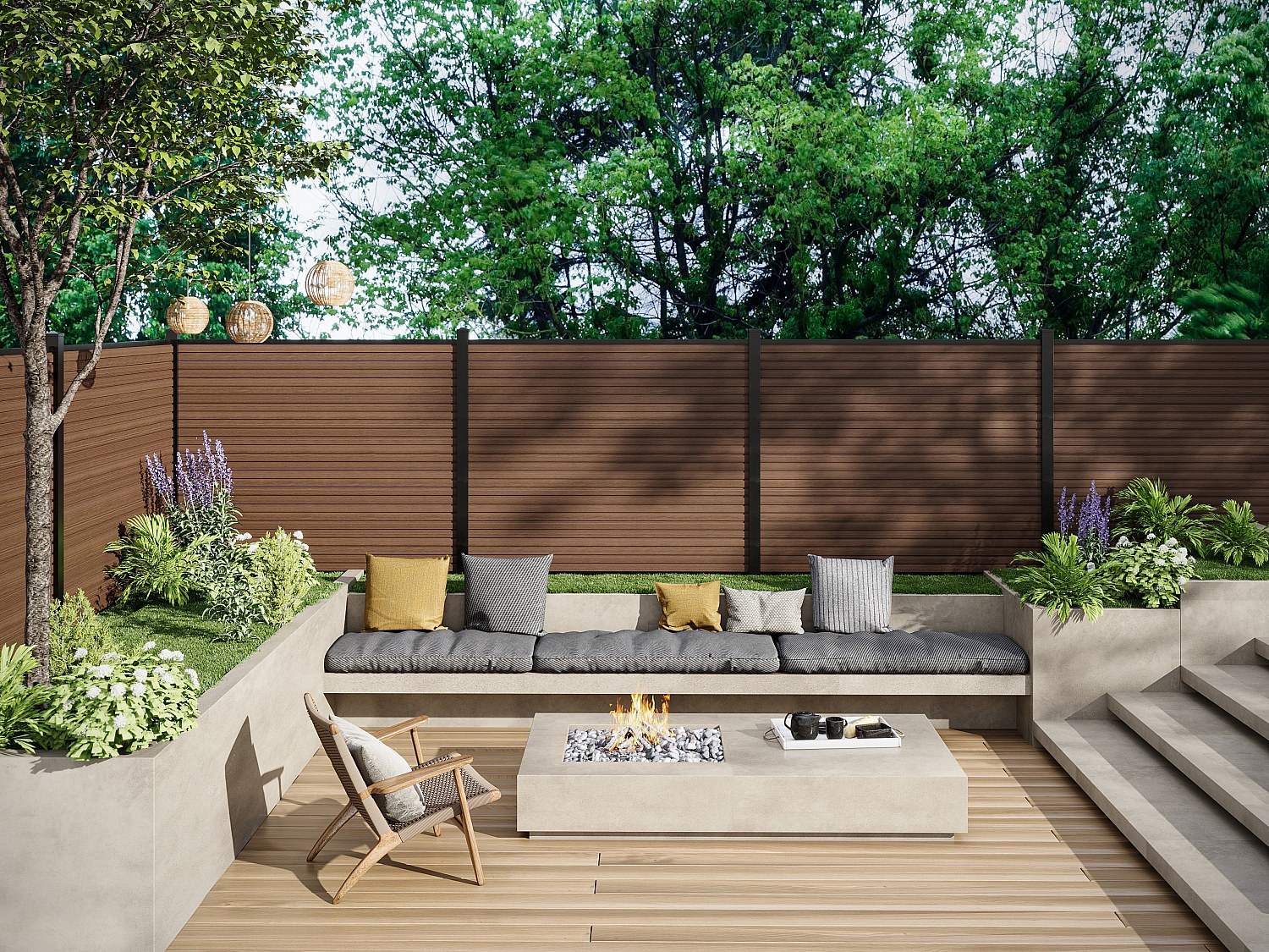 Sichtschutzzaun zum Einsenken - Holz-Optik - 148 cm - Set aus 9 coextrudierten Verbundstofflamellen + 1 anthrazitfarbener Pfosten - PALIZO