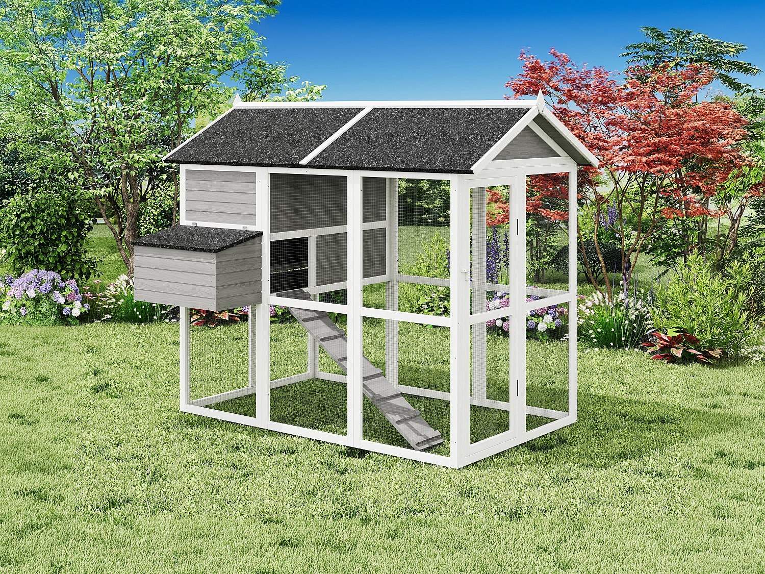 Hühnerstall aus Holz mit Freilaufgehege - für 8 Hühner - 201 x 142 x 171 cm - Grau & Weiß - GALLUS