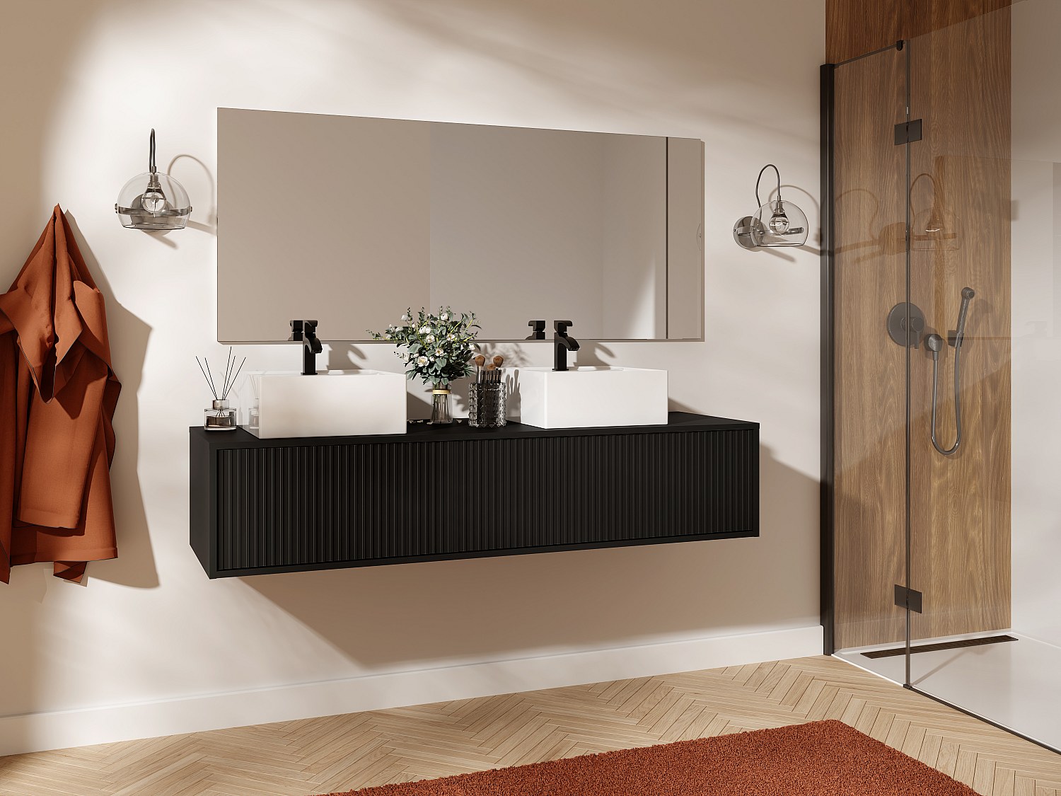 Hängender Waschtischunterschrank mit Rillenstruktur - Schwarz - 150 cm - ARNEGA