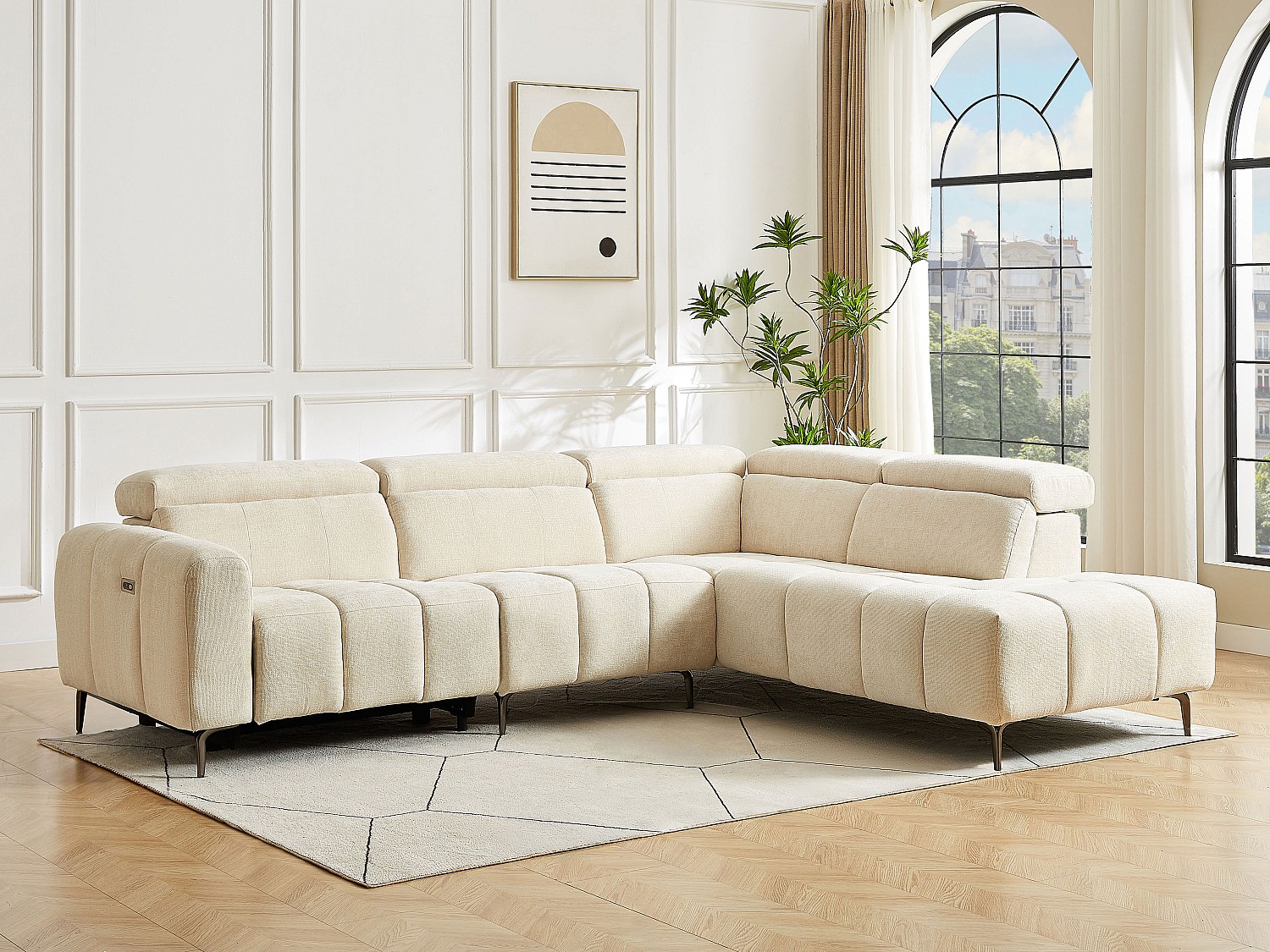 Ecksofa rechts elektrisch relax - Textilstoff Beige - CALDORIA