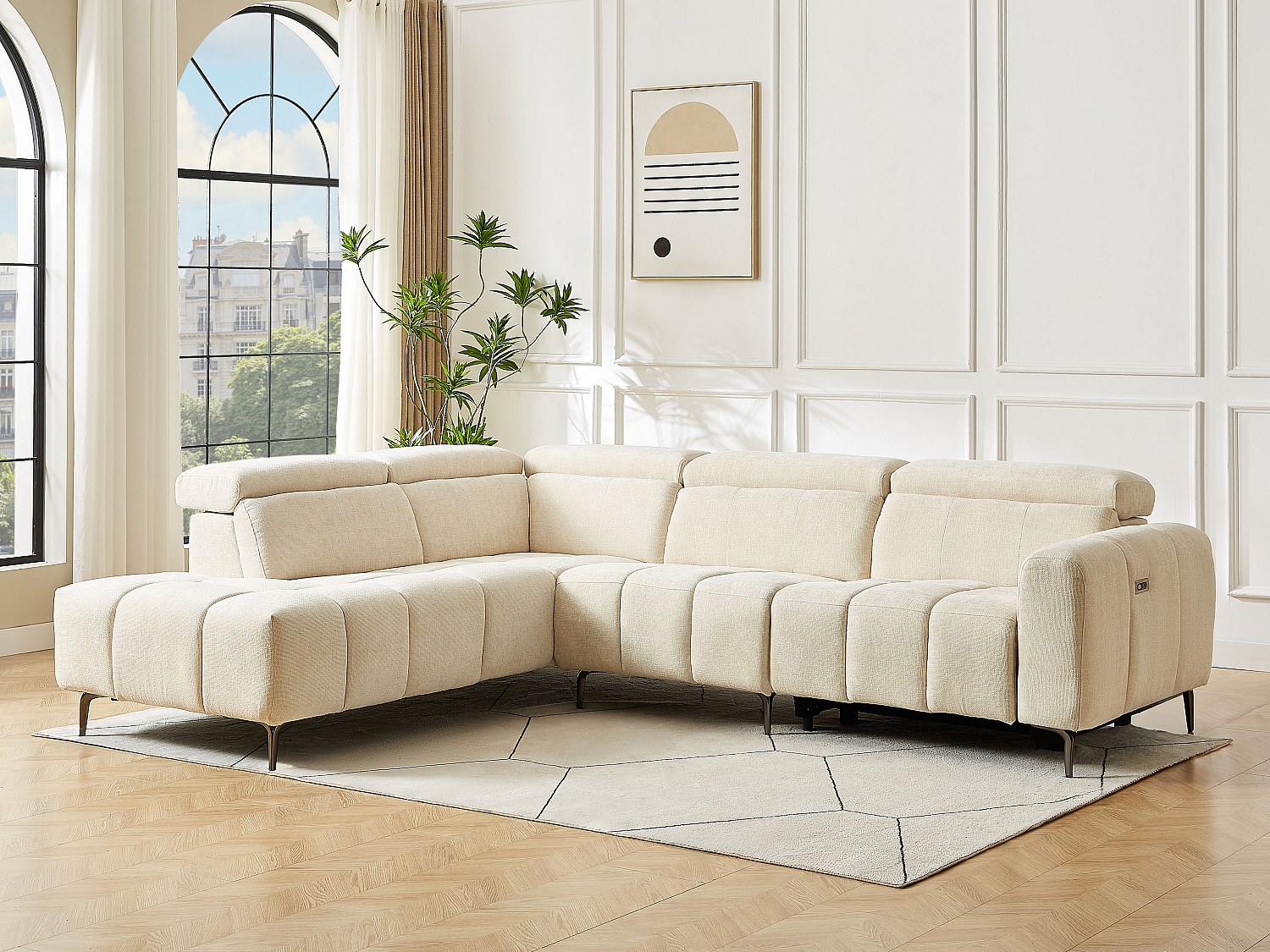 Ecksofa links elektrisch relax - Textilstoff Beige - CALDORIA