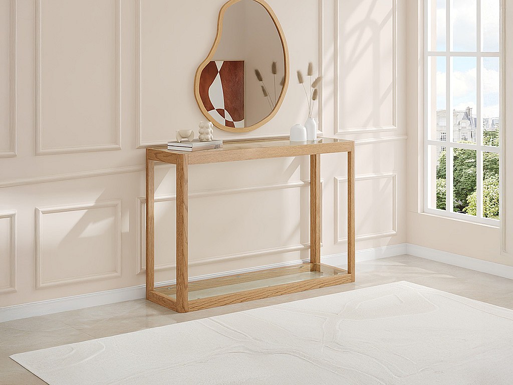 Konsole aus Sicherheitsglas und Eiche – Transparent & Natur – ZUNARIL