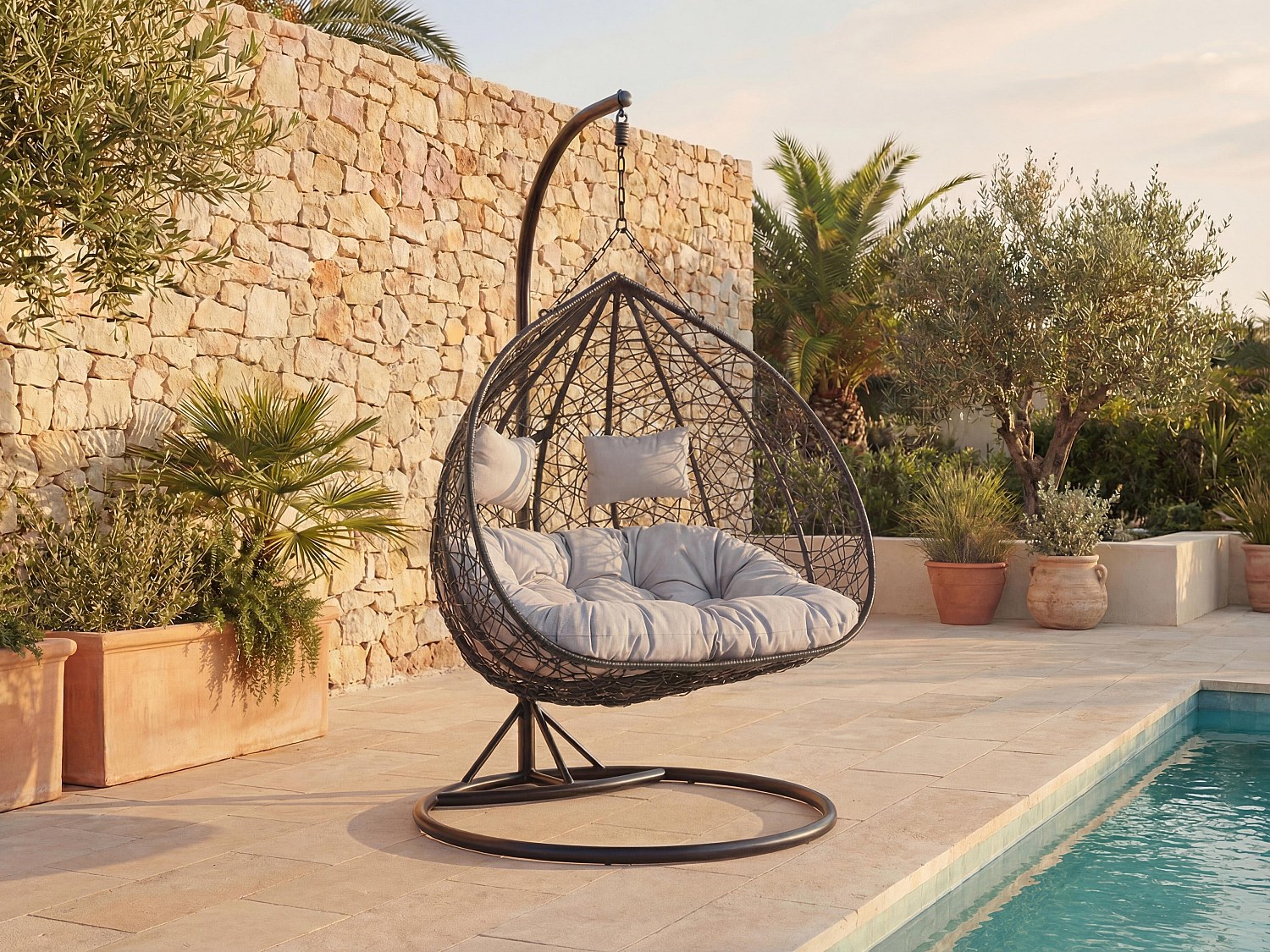 Hängesessel 2-Sitzer Polyrattan – Schwarz mit grauen Kissen – CAYAMBE von MYLIA