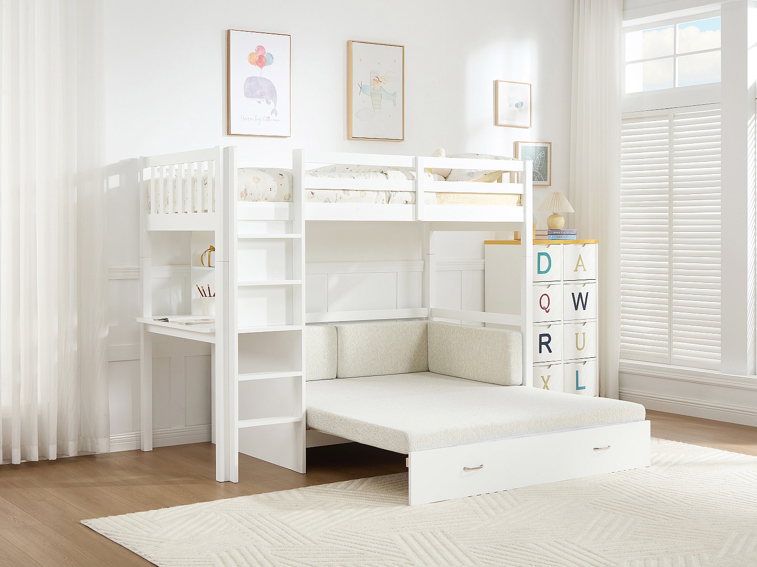 Hochbett mit Sofa mit Schlaffunktion - 90 x 190 cm- Kiefernholz & MDF - Weiß - ORPELIA