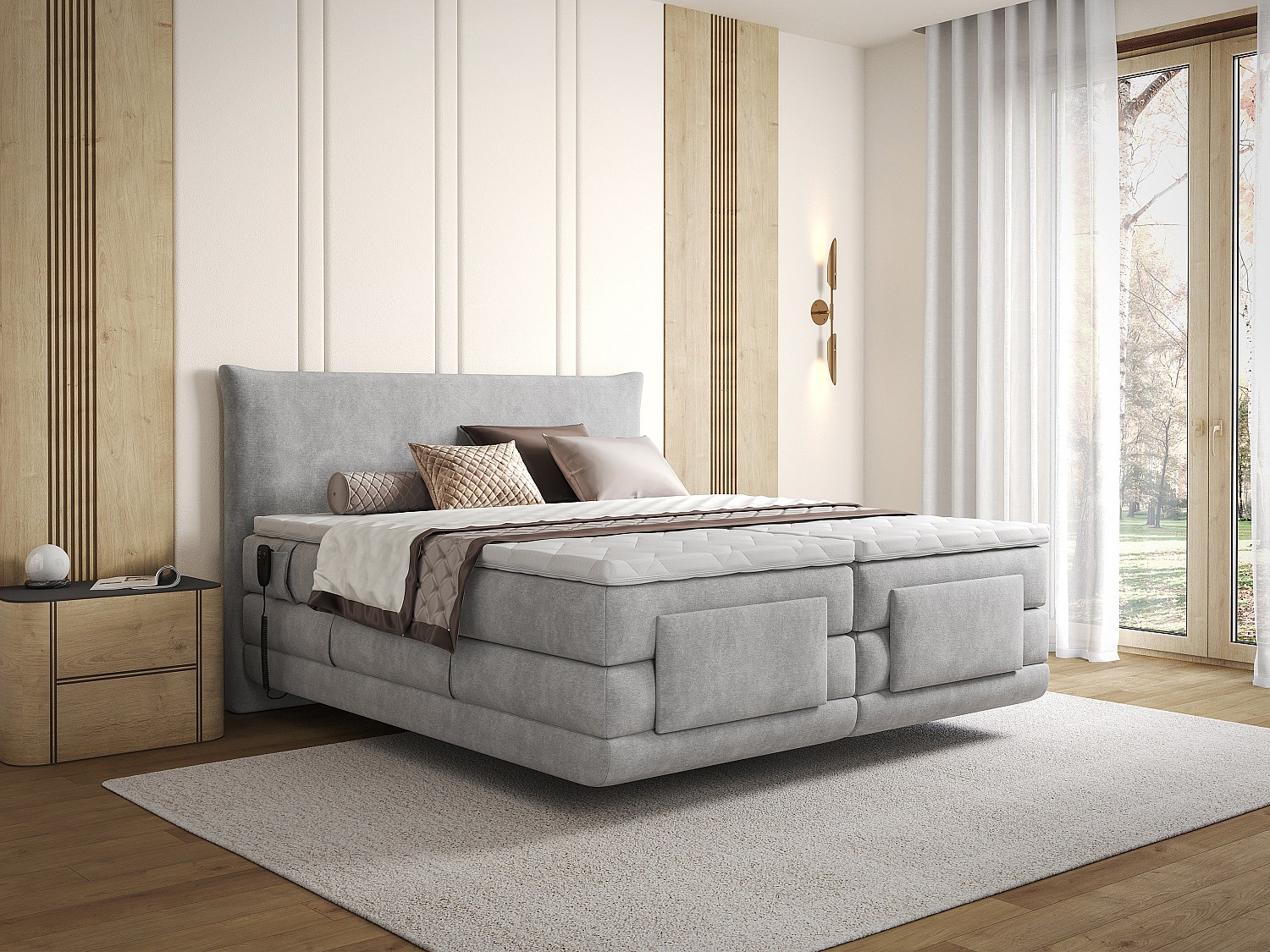 Komplettes Boxspring-Set mit Kopfteil + elektrisch verstellbare Lattenroste + Matratze + Topper - 2 x 80 x 200 cm - Stoff - Hellgrau - ZANORO von PALACIO