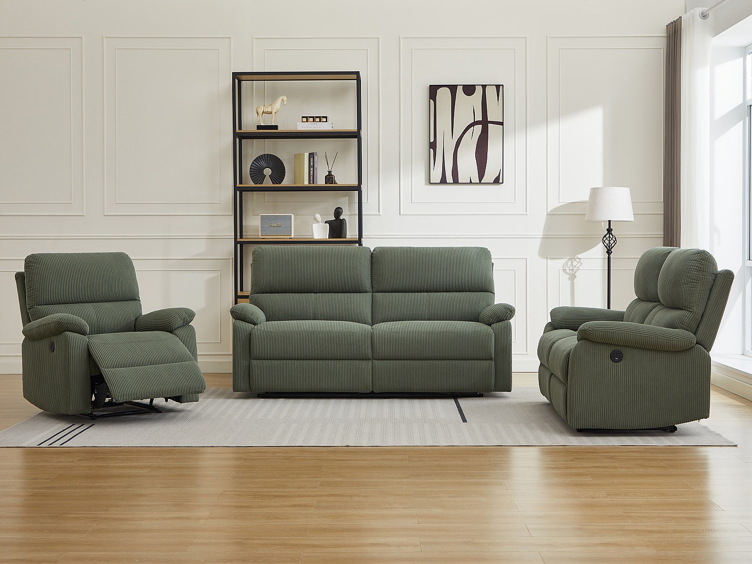 Relaxsofa elektrisch 3-Sitzer, 2-Sitzer & Relaxsessel elektrisch - Cord - Grün - LUNANO