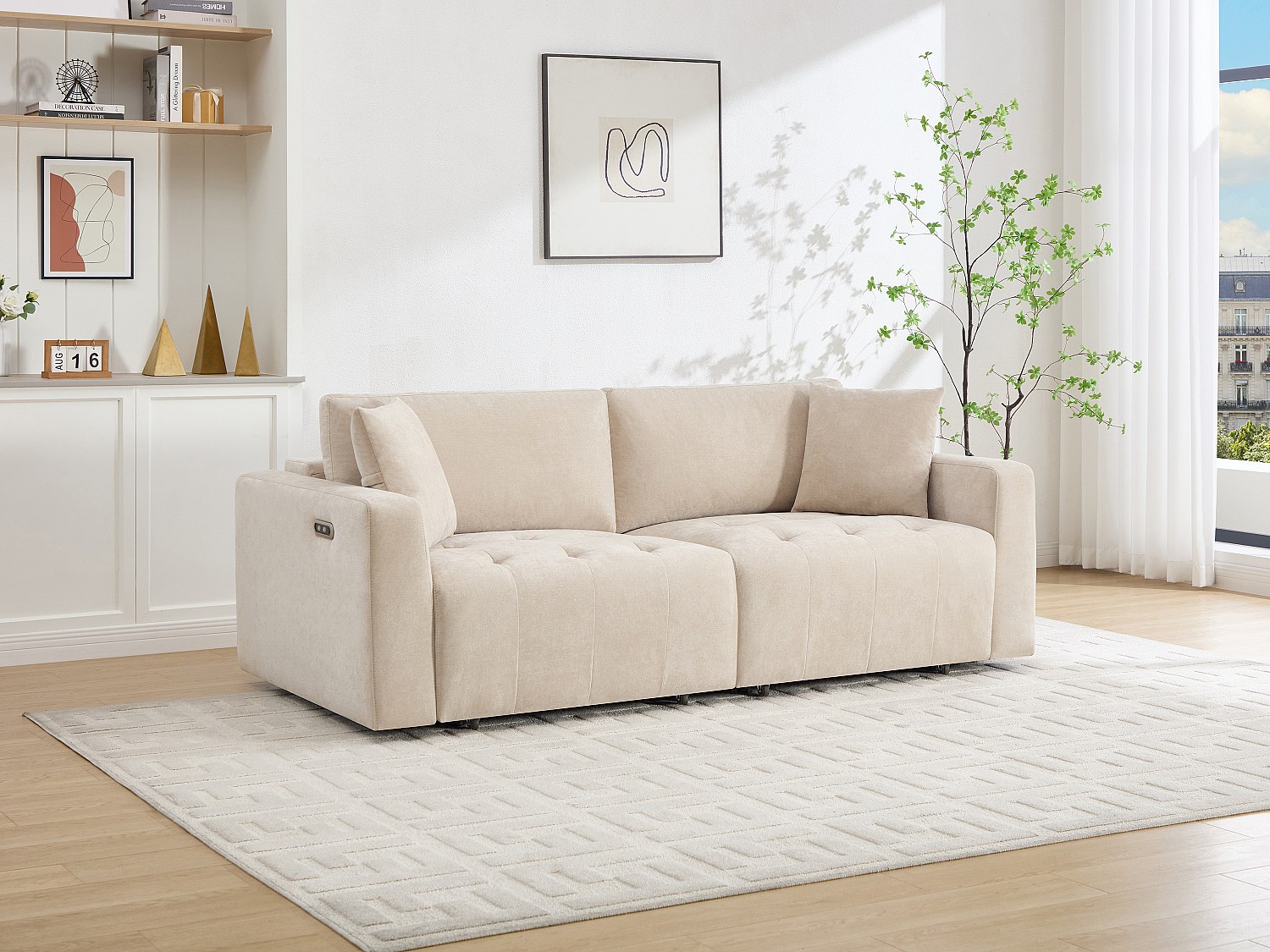 3-Sitzer-Sofa mit elektrisch verstellbaren Sitzflächen in beigem Stoff - DIMARIAS