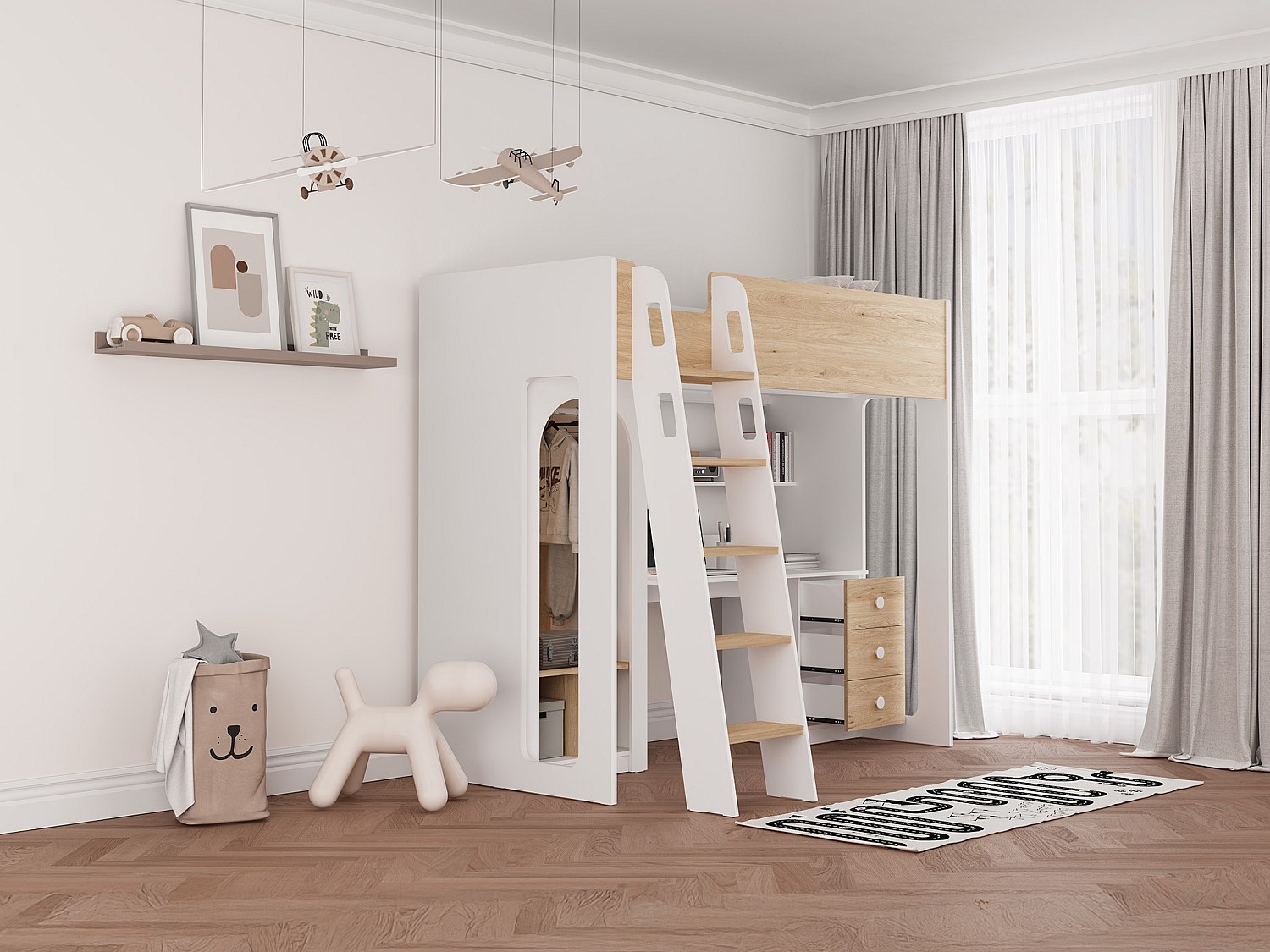 Hochbett 90 x 190 cm mit Kleiderschrank und Schreibtisch – Natur und Weiß - ALVENOU