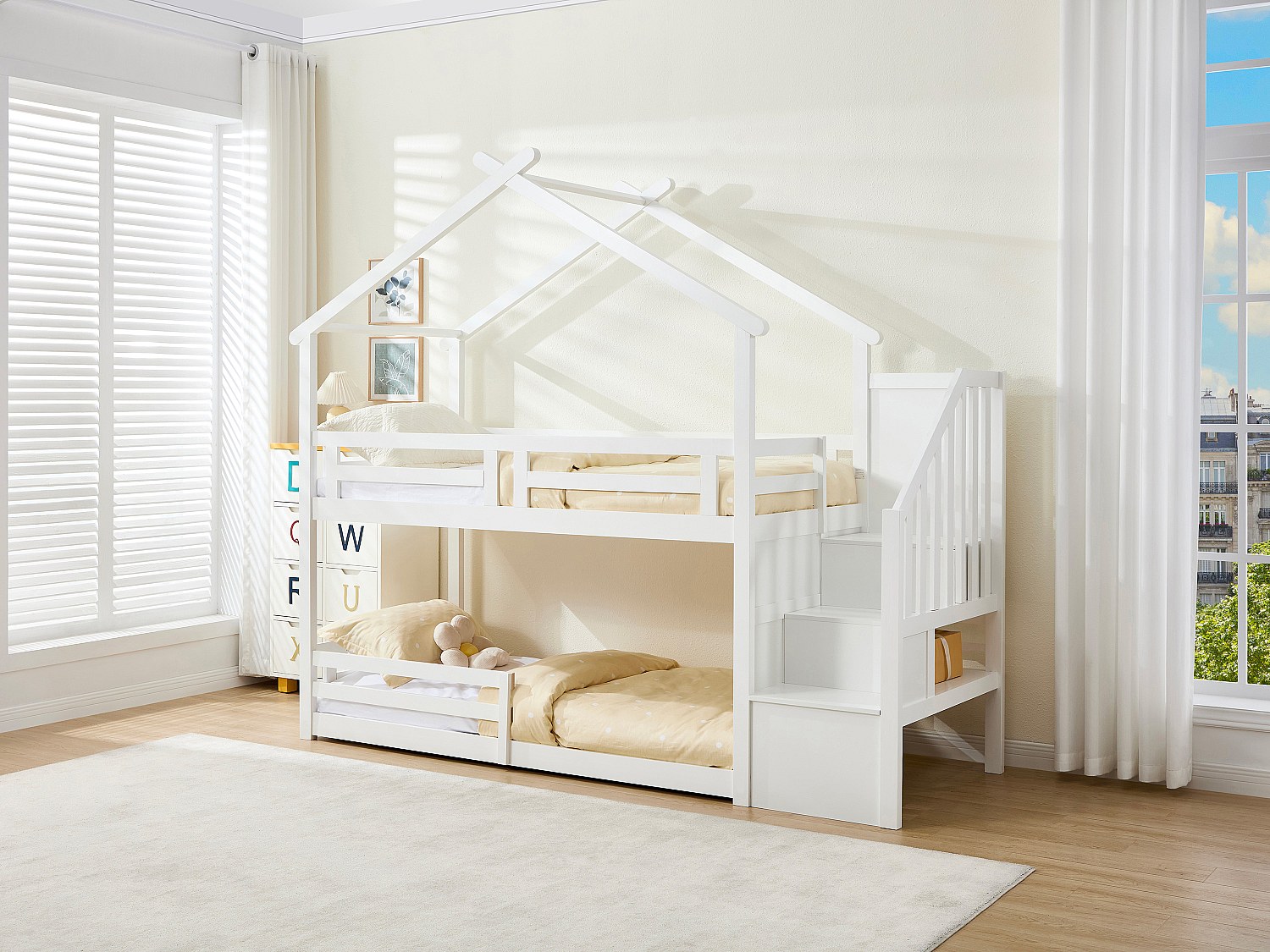 Hochbett Hausbett - 90 x 190 cm - Kiefer & MDF + Matratze - Weiß - TALETY