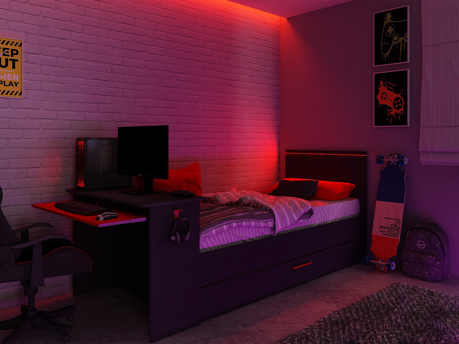 Ausziehbett Gamer mit Schreibtisch & LEDs - 90 x 200 und 90 x 190 cm + Lattenrost + Matratze - Anthrazit & Rot - VOUANI