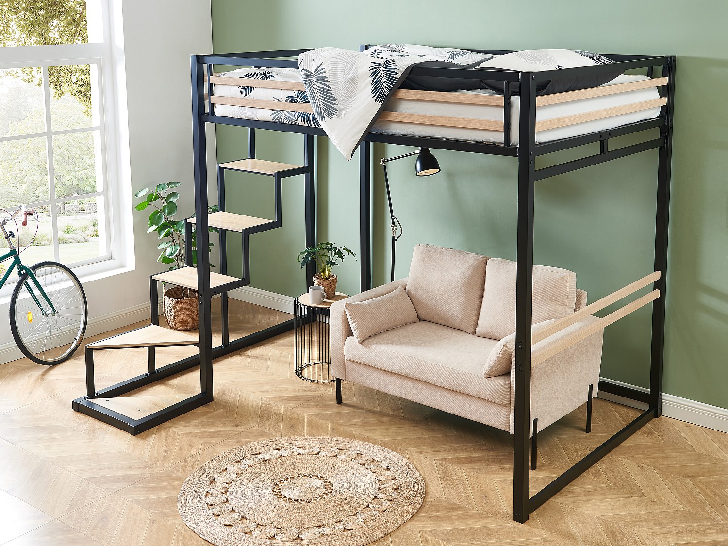 Hochbett mit Matratze - 140 x 200 cm - Metall & MDF - Naturfarben & Schwarz - JOGUI