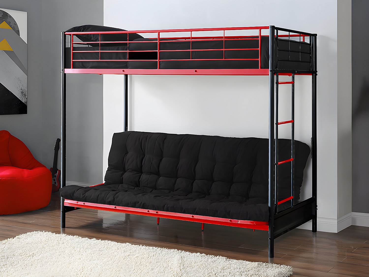 Hochbett mit Schlafsofa mit Matratze + Futonmatratze - 90 x 190 cm - Metall - Rot & Schwarz - MODULO V