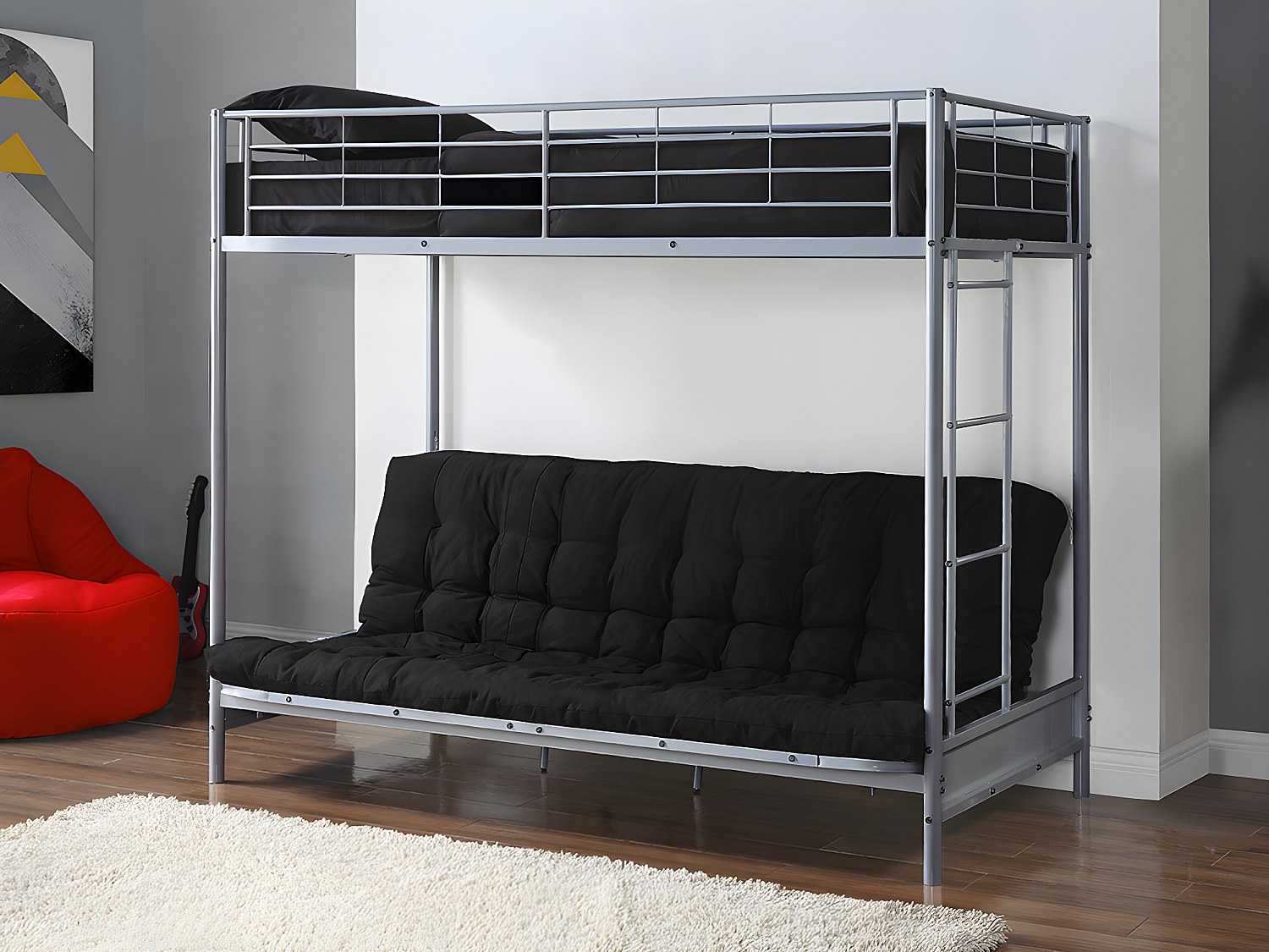 Hochbett mit Schlafsofa + Futonmatratze + Matratze - 90 x 190 cm - Metall - Silberfarben & Schwarz - MODULO IV