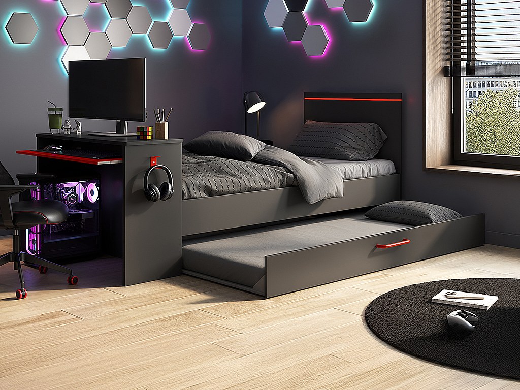 Ausziehbett Gamer mit Schreibtisch & LEDs + Lattenrost  - 2 x 90 x 200 cm - Anthrazit & Rot - VOUANI