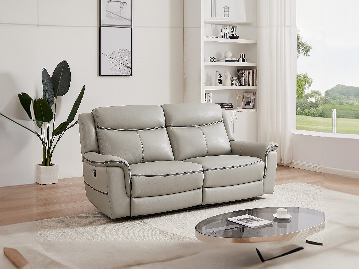 Relaxsofa 3-Sitzer elektrisch - Leder - Hellgrau - ADELIO