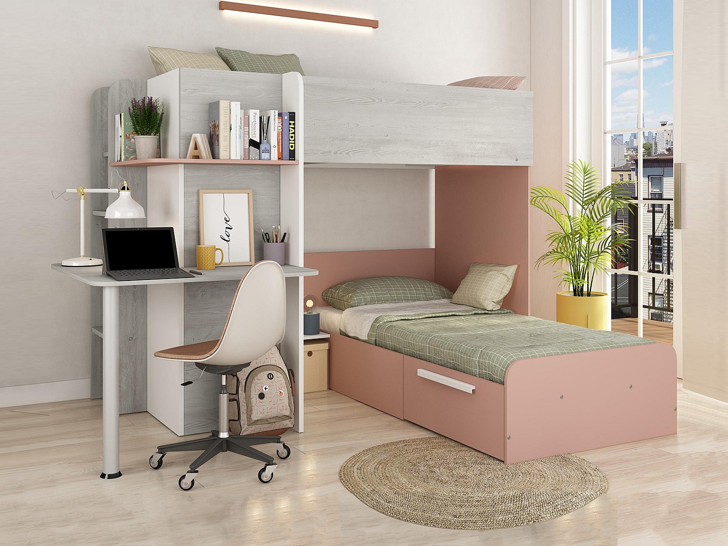 Eck-Hochbett - 2 x 90 x 190 cm -  mit Schreibtisch - Grau, Weiß & Rosa - SAMUEL