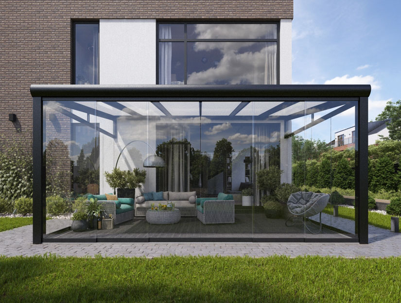 Wintergarten in Matt Anthrazit, 500 x 250 cm mit Milchglas