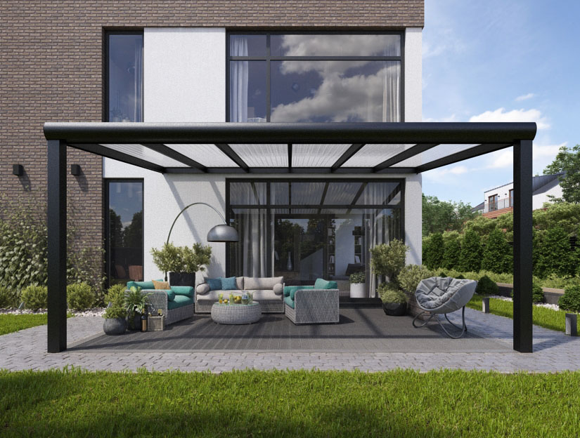 Terrassenueberdachung in Matt Anthrazit (RAL 7016), 500 x 350 cm mit Klar Polycarbonat