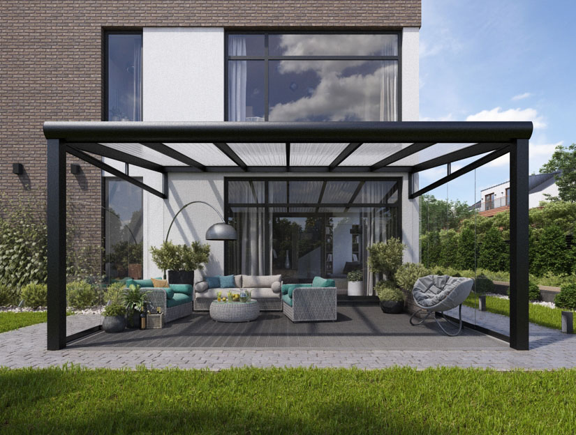 Veranda in Matt Anthrazit (RAL 7016), 500 x 400 cm mit Klar Polycarbonat