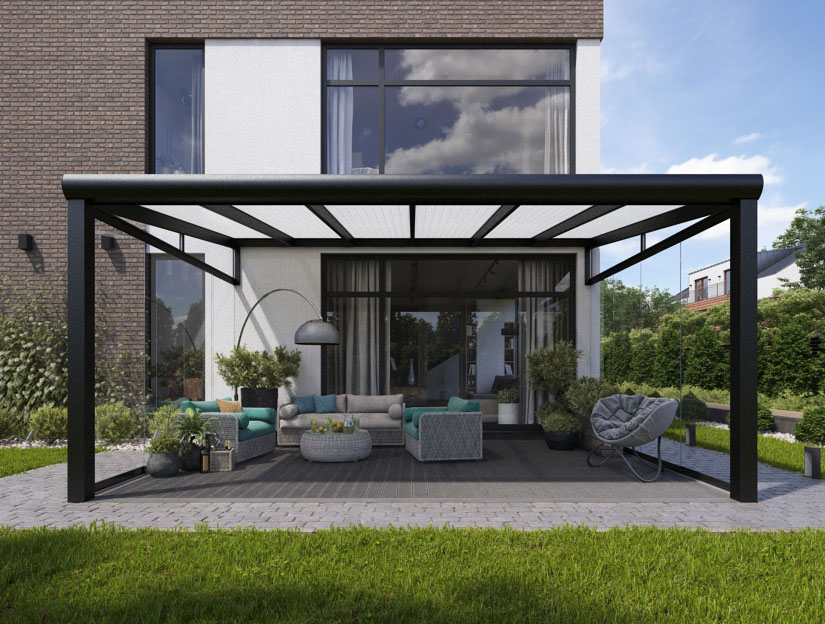 Veranda in Matt Anthrazit (RAL 7016), 600 x 250 cm mit Opal Polycarbonat