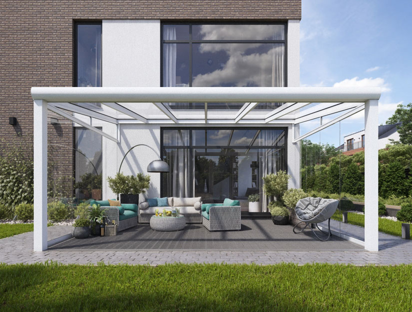 Veranda in Matt Weiß (RAL 9016), 600 x 250 cm mit Opal Polycarbonat