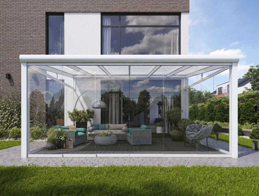 Wintergarten in Matt Weiß, 500 x 400 cm mit Milchglas