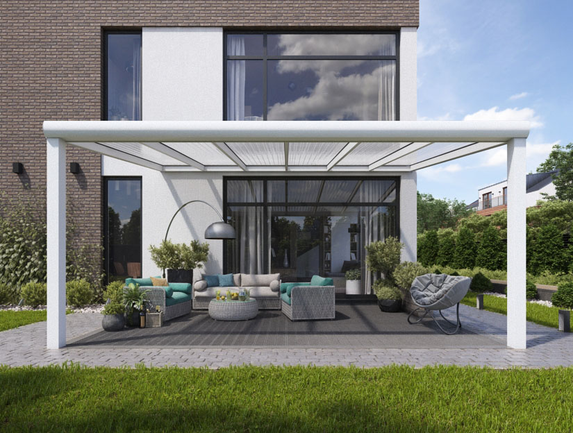 Terrassenueberdachung in Matt Weiß (RAL 9016), 500 x 250 cm mit Klar Polycarbonat