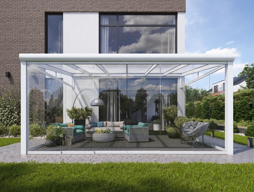 Wintergarten in Matt Weiß, 500 x 400 cm mit Klar Polycarbonat