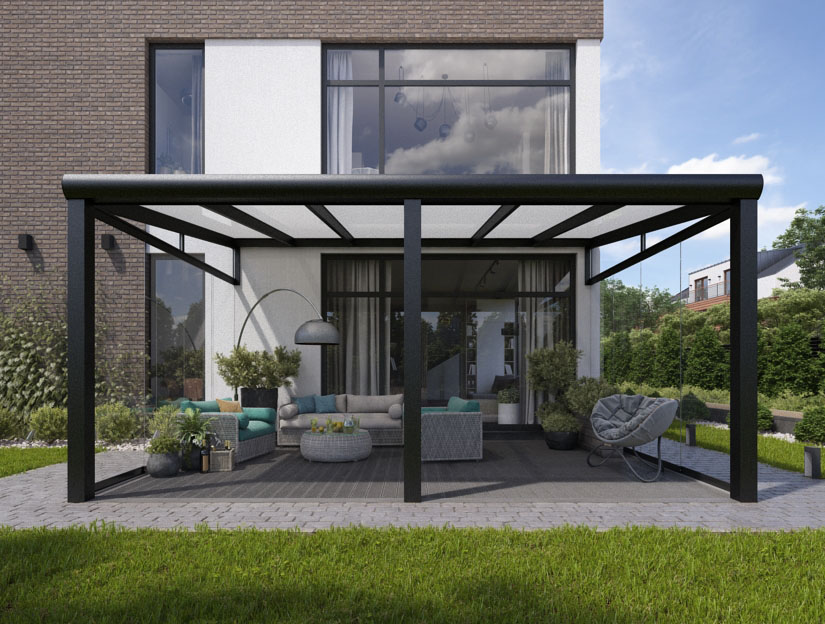 Veranda in Matt Anthrazit (RAL 7016), 600 x 300 cm mit Milchglas