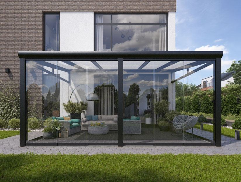 Wintergarten in Matt Anthrazit, 600 x 350 cm mit Milchglas