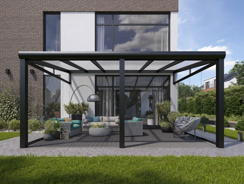 Veranda in Matt Anthrazit (RAL 7016), 600 x 350 cm mit Klar Polycarbonat